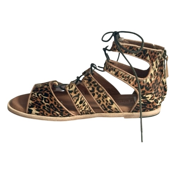 Gee Wawa Leopard Print Gladiator Sandals 9M Lace Up Leather Haircalf Boho Flat - Picture 5 of 10